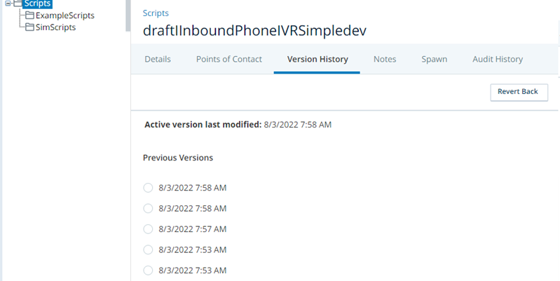 The Scripts page in NiCE CXone, showing the Version History tab of a script. 