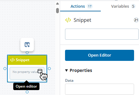 A script with a SNIPPET action, showing the cursor over the open editor icon and the action properties with the Open Editor button.