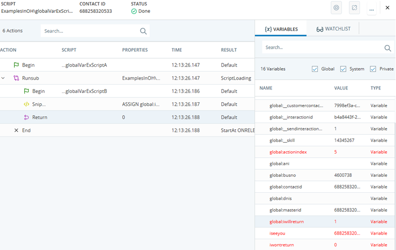 The trace of Script B at the RETURN action. The script also has the global variable iwillreturn and local variables  iseeyou and iwontreturn. 