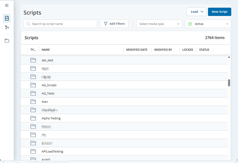 The Scripts page in Studio, showing the search filter at the top, the Load and New Script buttons, and the list of folders and scripts at the bottom.