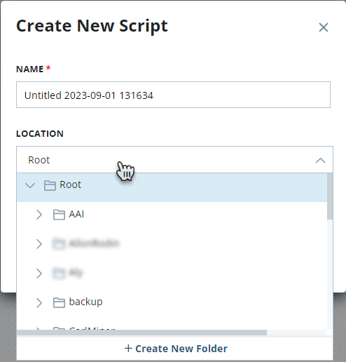 The Create New Script page with the Location drop-down showing the Create New Folder option at the bottom.
