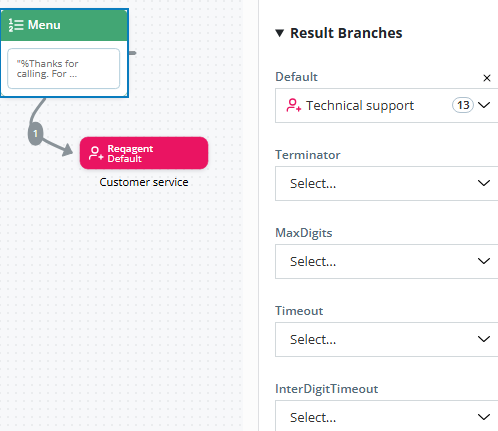 The Result Branches section of the canvas workspace, showing the possible result branch conditions for the MUSIC action.