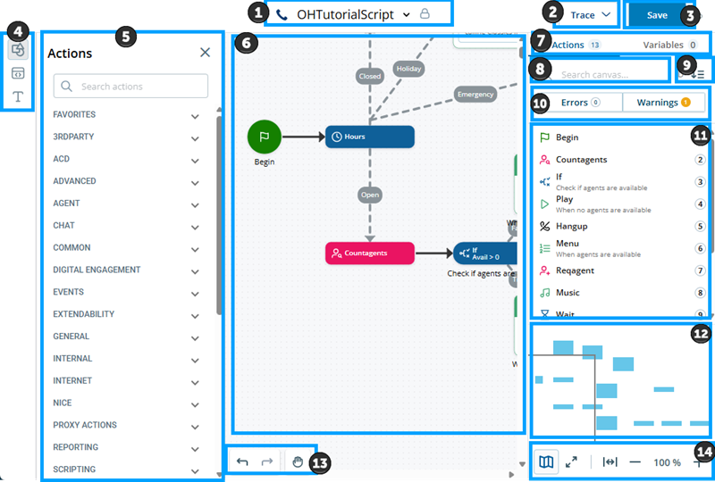 The Studio canvas window, where you create scripts. Contains the list of actions, and other options for your script. 
