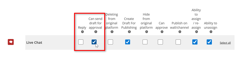 The Reply checkbox is first in the row of settings. The Can send draft for approval checkbox is next to that.