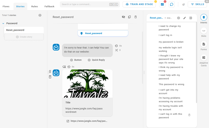 The Stories tab, showing the password reset story.