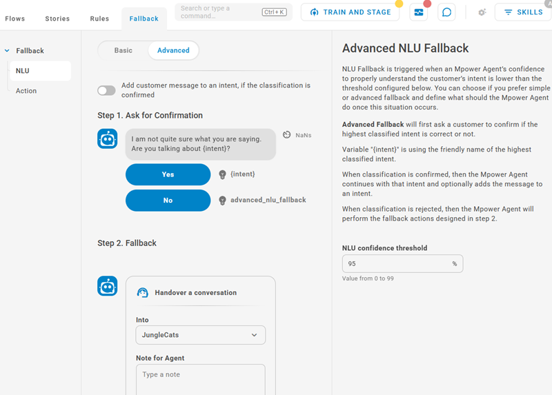 Advanced NLU fallback with an Mpower Agent response message and a handover action.