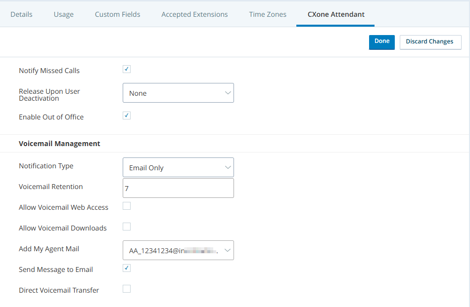 Screenshot of the business unit settings showing the Attendant tab