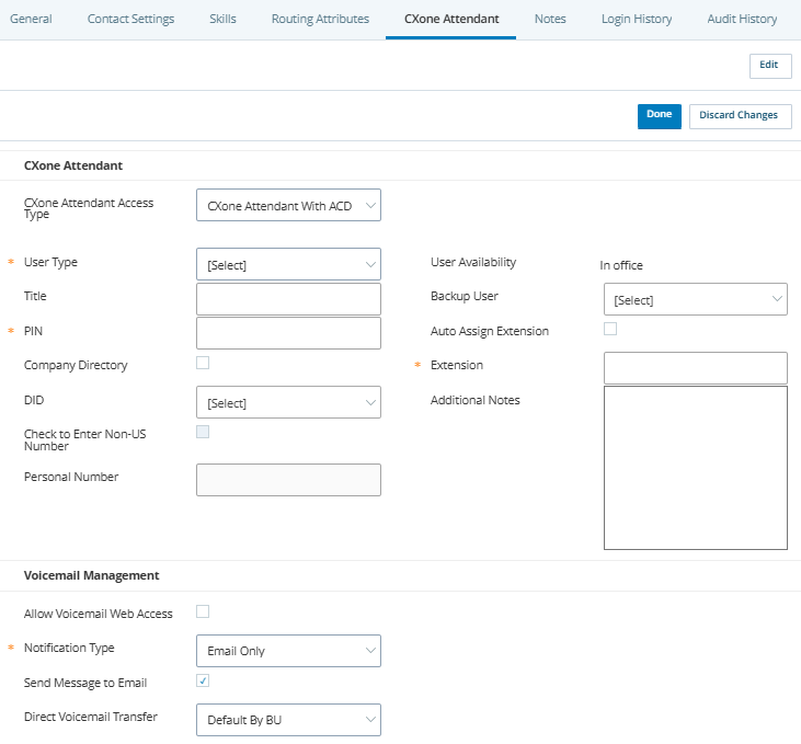 Screenshot of Users CXone Attendant tab