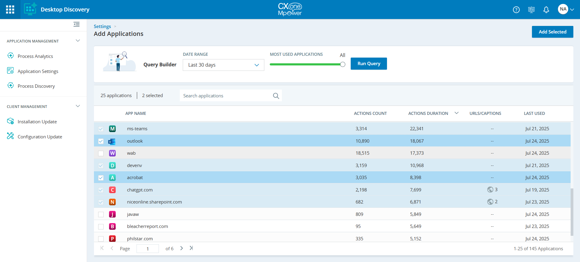Image of Add Applications page with applications.