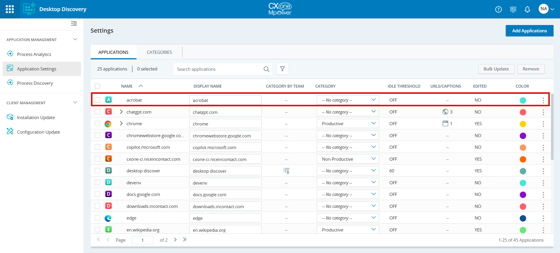 Image of Add Applications page with applications highlighted.