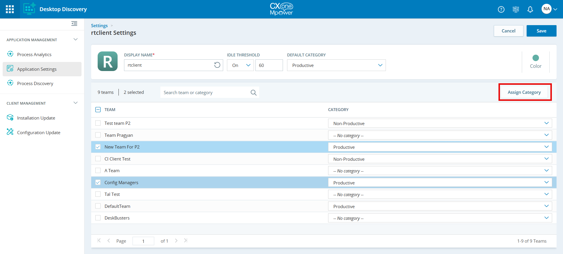 Image of Applications page with Assign Category button enabled.
