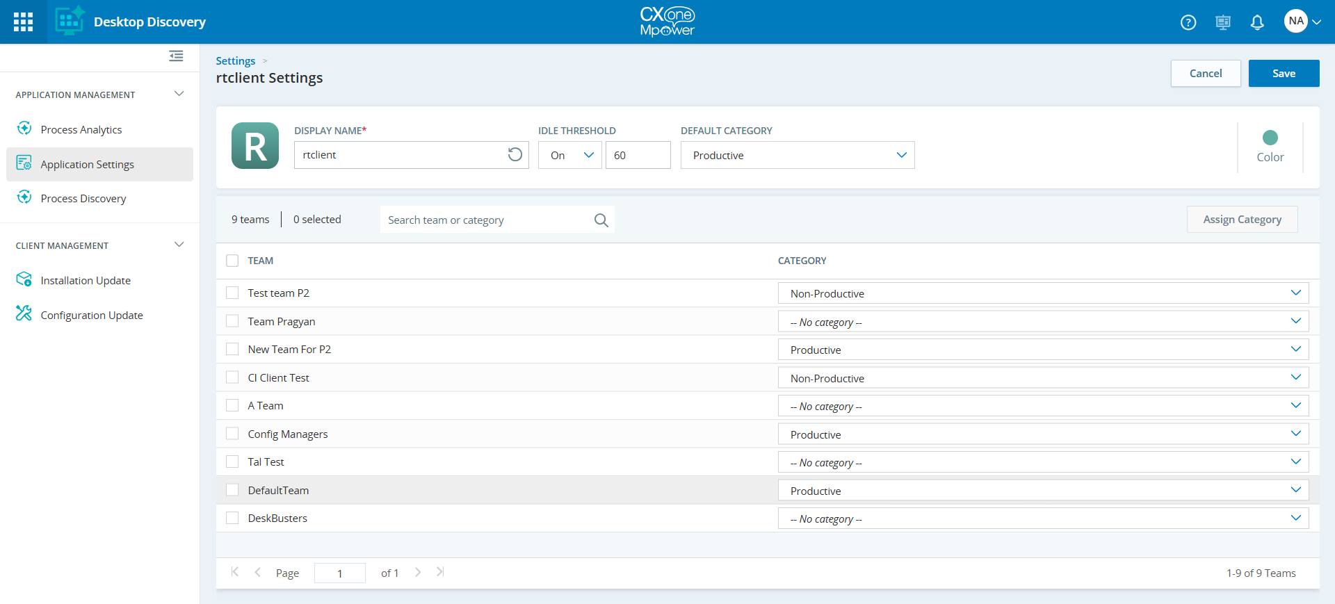 Image of Applications Settings page displaying an application selected.