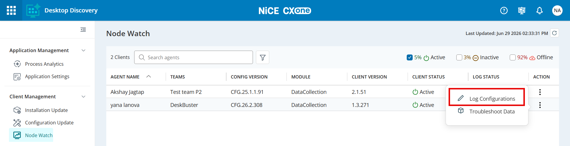 Image of the Node Watch page with Log Configuration option.