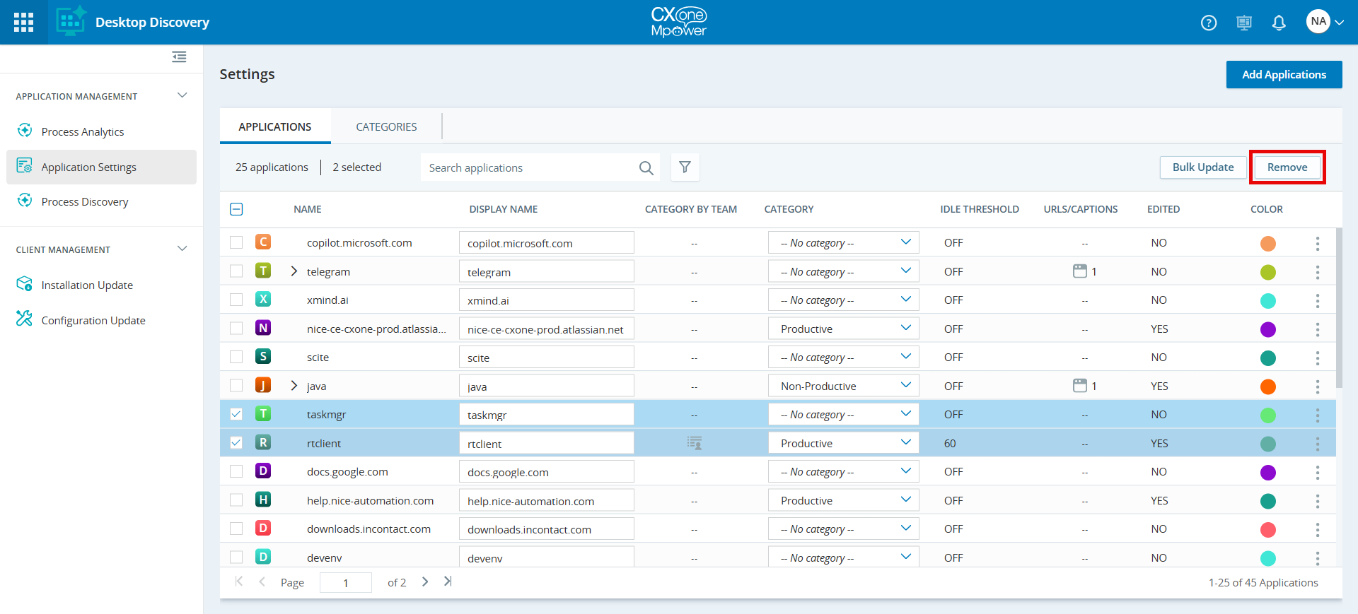 Image of Applications tab highlighting the Remove button.