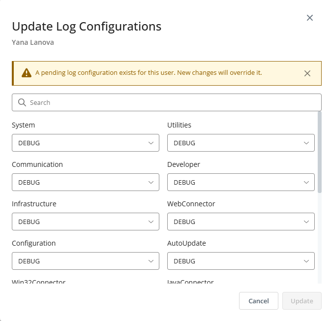 Image of the Update Configurations dialog with Pending status message.