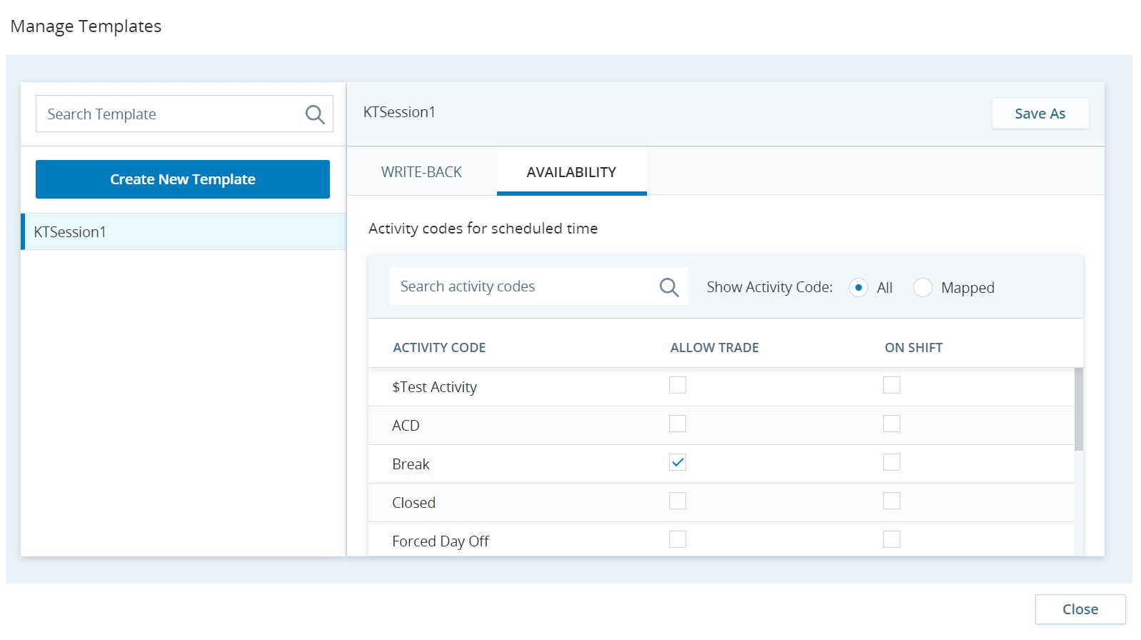 manage templates for activity code mapping