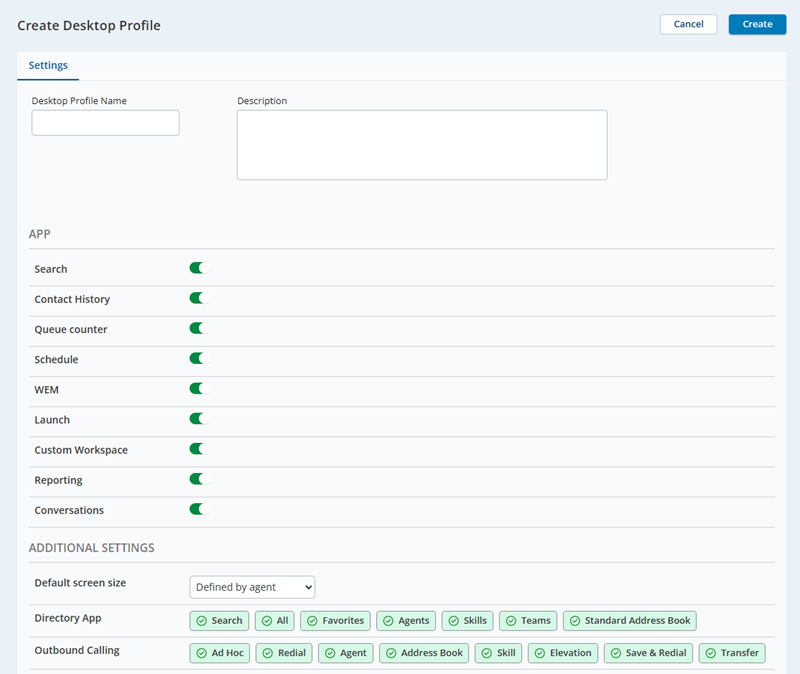 The Create Desktop Profile page in Agent Integrations.