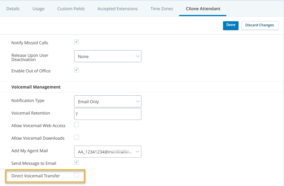 Image of the CXone Attendant tab in the Business Unit configuration page.