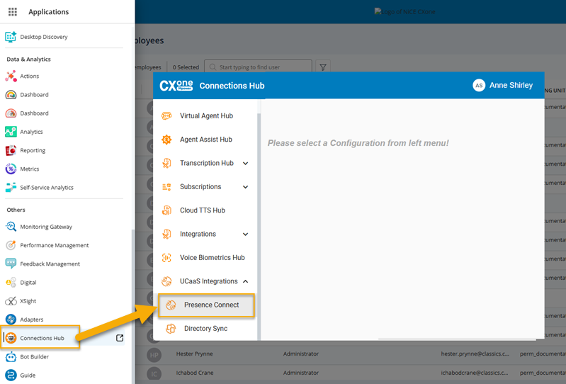 Screenshot of the app selector menu with Connections Hub selected and the Connections Hub page showing the Presence Connect option.