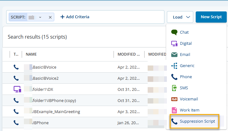 The Scripts page, showing the new Suppression Script type. 