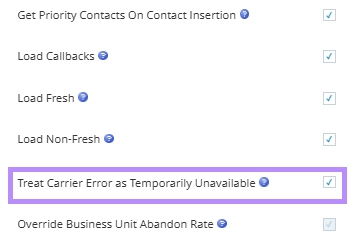 The Treat Carrier Error as Temporarily Unavailable option on the skill creation page.
