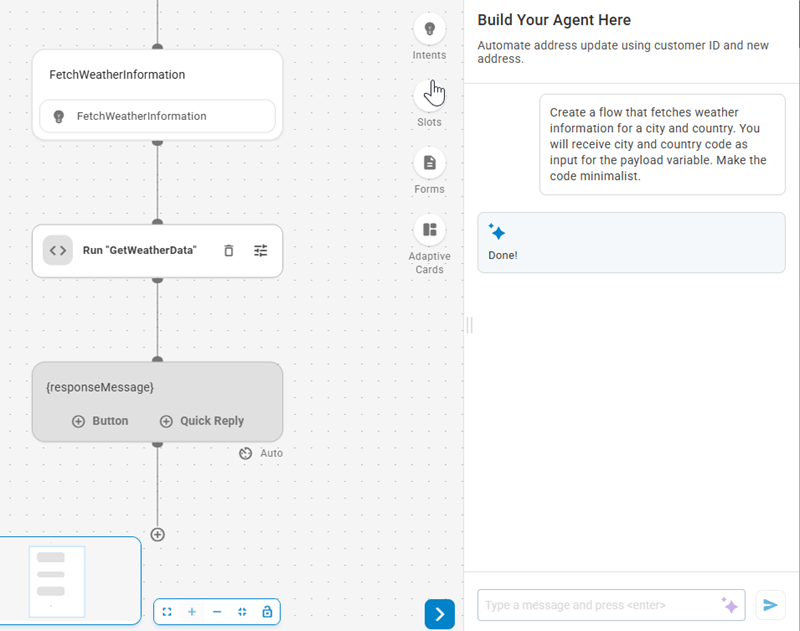 The Flow Designer with an AI-generated flow in the left panel and the request for the flow in the right panel.
