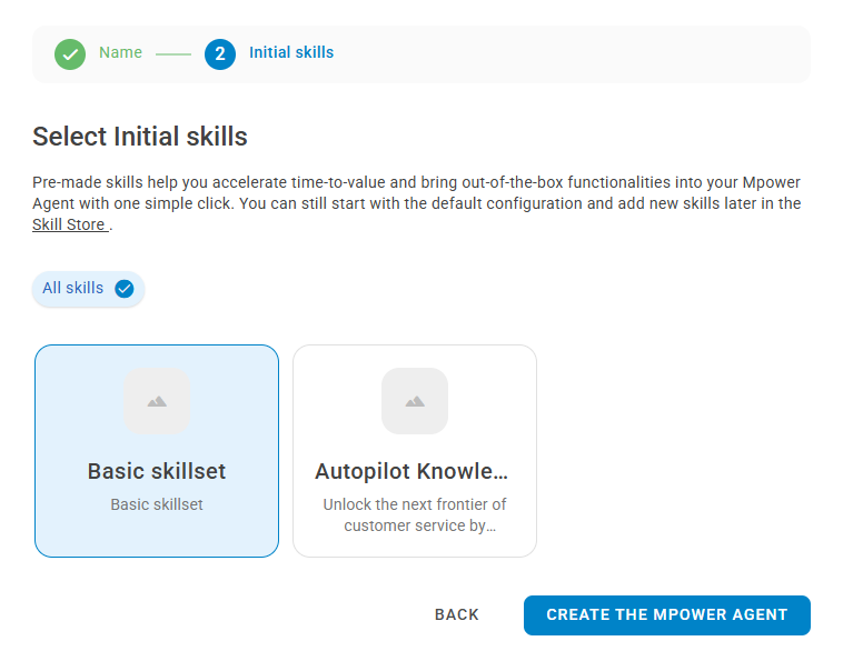 the dialogue to select which skills you want to add to your new bot.
