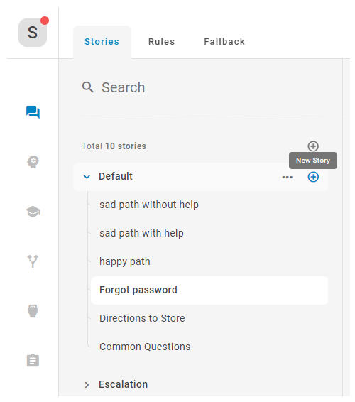 The Stories tab. The cursor is hovering over the "New Story" icon on a folder.