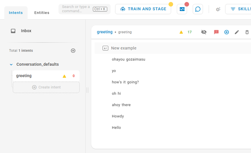 The Intents tab showing the first intent Akela added.