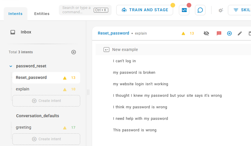 The Intents tab, showing the examples for the password_reset intent.