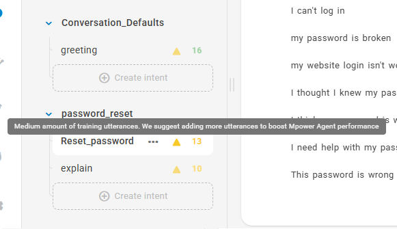 The list of intents with the number of intent examples in each one.