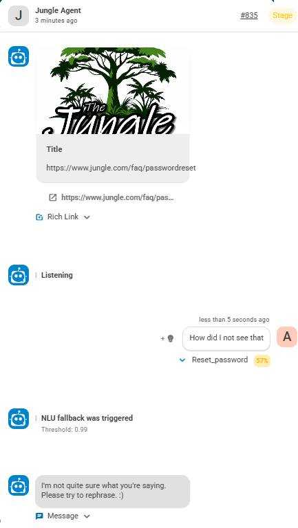 A training chat Akela has with her bot.