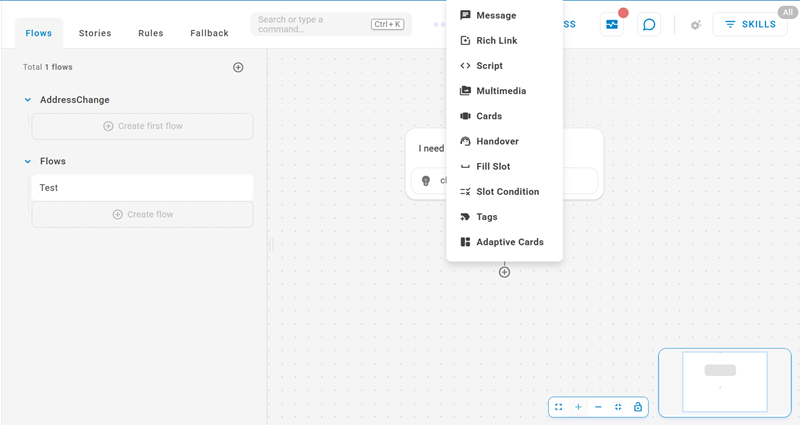 The flow canvas with a single Intent action and the bot action menu visible.