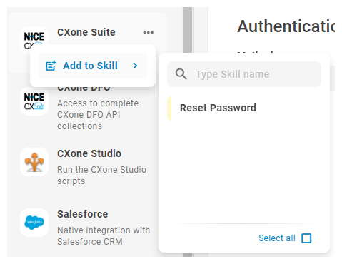 The Add to Skill option from an API Integration, showing an existing skill and the ability to create a new skill.