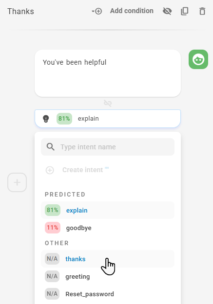 Screenshot showing auto-identification of intent based on customer message