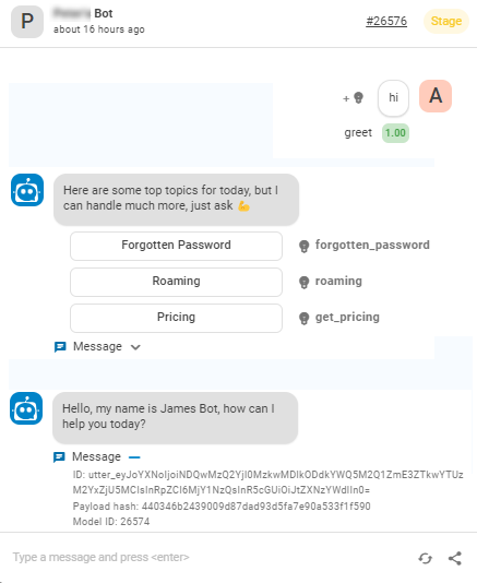 The Talk to Your Bot chat window in Bot Builder, showing messages from a user and the bot replies.