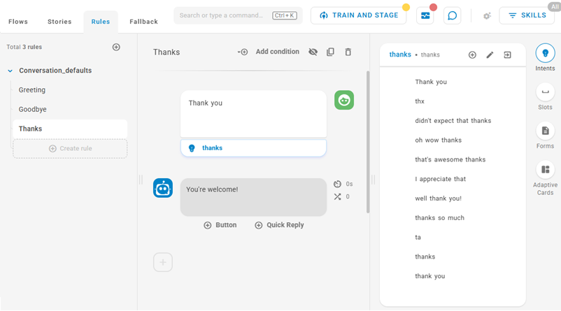 The Rules tab, showing the Greeting rule.