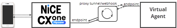 A diagram of NiCE CXone. , a virtual agent, and a proxy tunnel, with arrows showing data passing from one endpoint through the proxy to the other endpoint. 