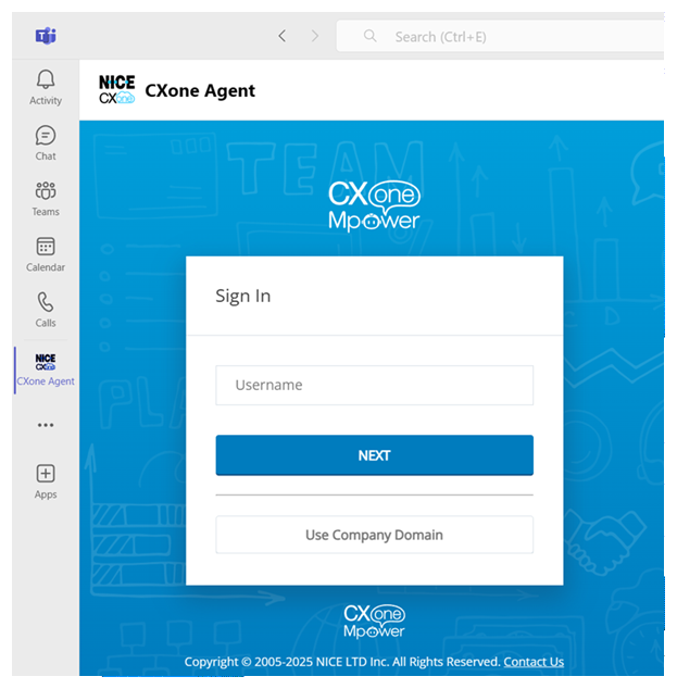 Agent Workspace for Microsoft Teams (Agent for Microsoft Teams) appears in the left navigation menu of Microsoft Teams. When clicked, it displays the NiCE CXone login page.
