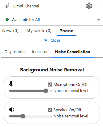 Under the Phone tab of the Omni-Channel widget in Salesforce, three tabs appear: Disposition, Indicator, and AI Noise Cancellation.