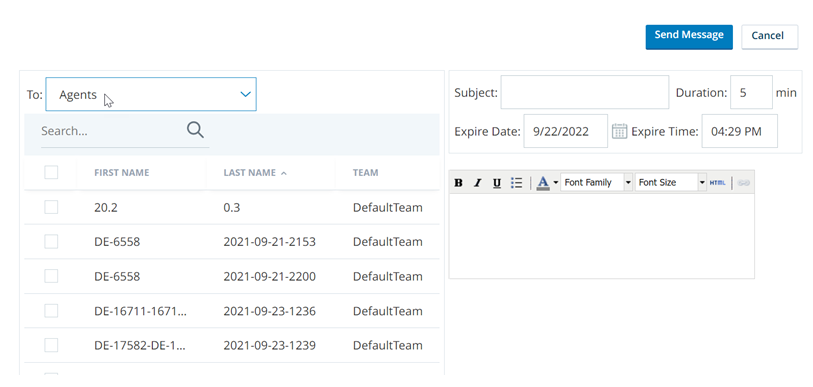 The Create New Agent Message page in ACD, with fields for To, Subject, and Duration. Includes a text box and a Send Message button.