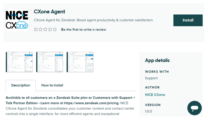 The Agent Workspace (Agent) Zendesk Marketplace listing. Provides overview information of the app and a button to Install.