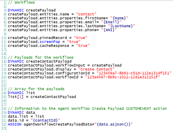 JSON with four sections: workflows, payloads for the workflows, array for the payloads, and information for CUSTOMEVENT action.