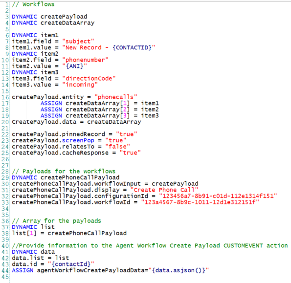JSON with four sections: workflows, payloads for the workflows, array for the payloads, and information for CUSTOMEVENT action.