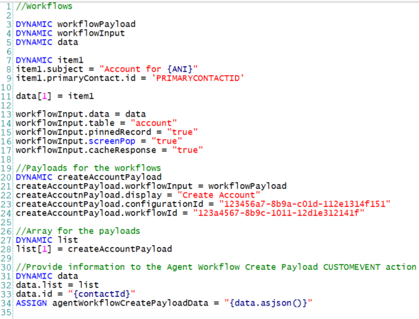 JSON with four sections: workflows, payloads for the workflows, array for the payloads, and information for CUSTOMEVENT action.