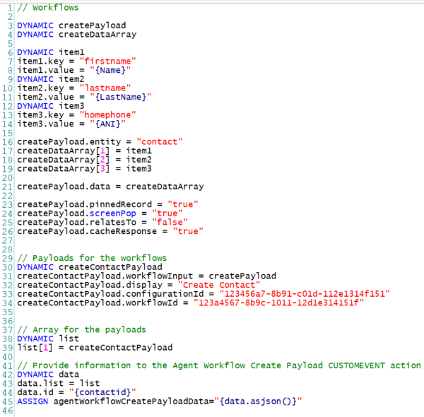 JSON with four sections: workflows, payloads for the workflows, array for the payloads, and information for CUSTOMEVENT action.