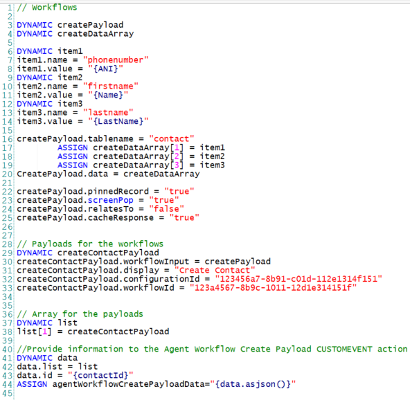 JSON with four sections: workflows, payloads for the workflows, array for the payloads, and information for CUSTOMEVENT action.