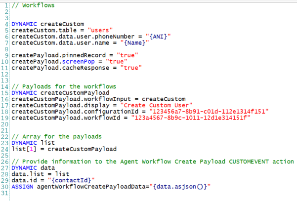 JSON with four sections: workflows, payloads for the workflows, array for the payloads, and information for CUSTOMEVENT action.