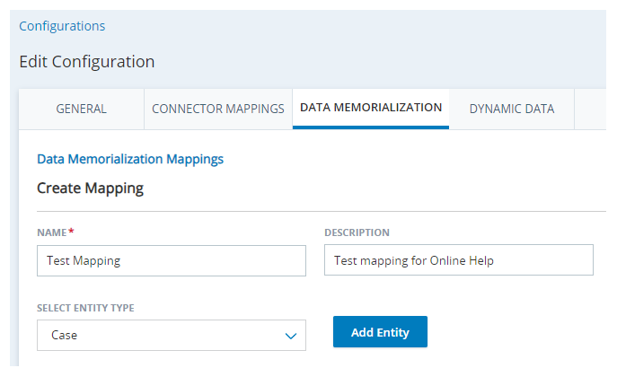 The Data Mapping tab on the Configurations page in NiCE CXone, with fields for Name, Description, and Select Entity Type, as well as a + Add Entity button.