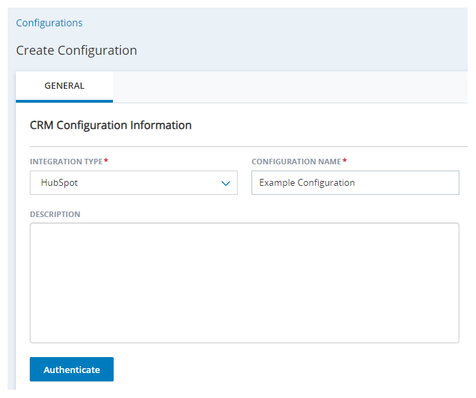 The Create Configuration page in Agent Integrations, with fields for Integration Type, Configuration Name, and Description.